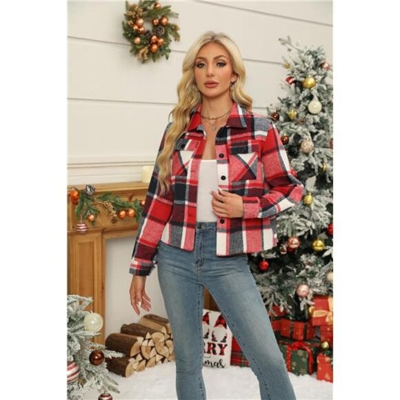 Women Cropped Shacket Jacket Fashion Plaid Button‎ Down Shirt Fall Coat Tops - Picture 3 of 6